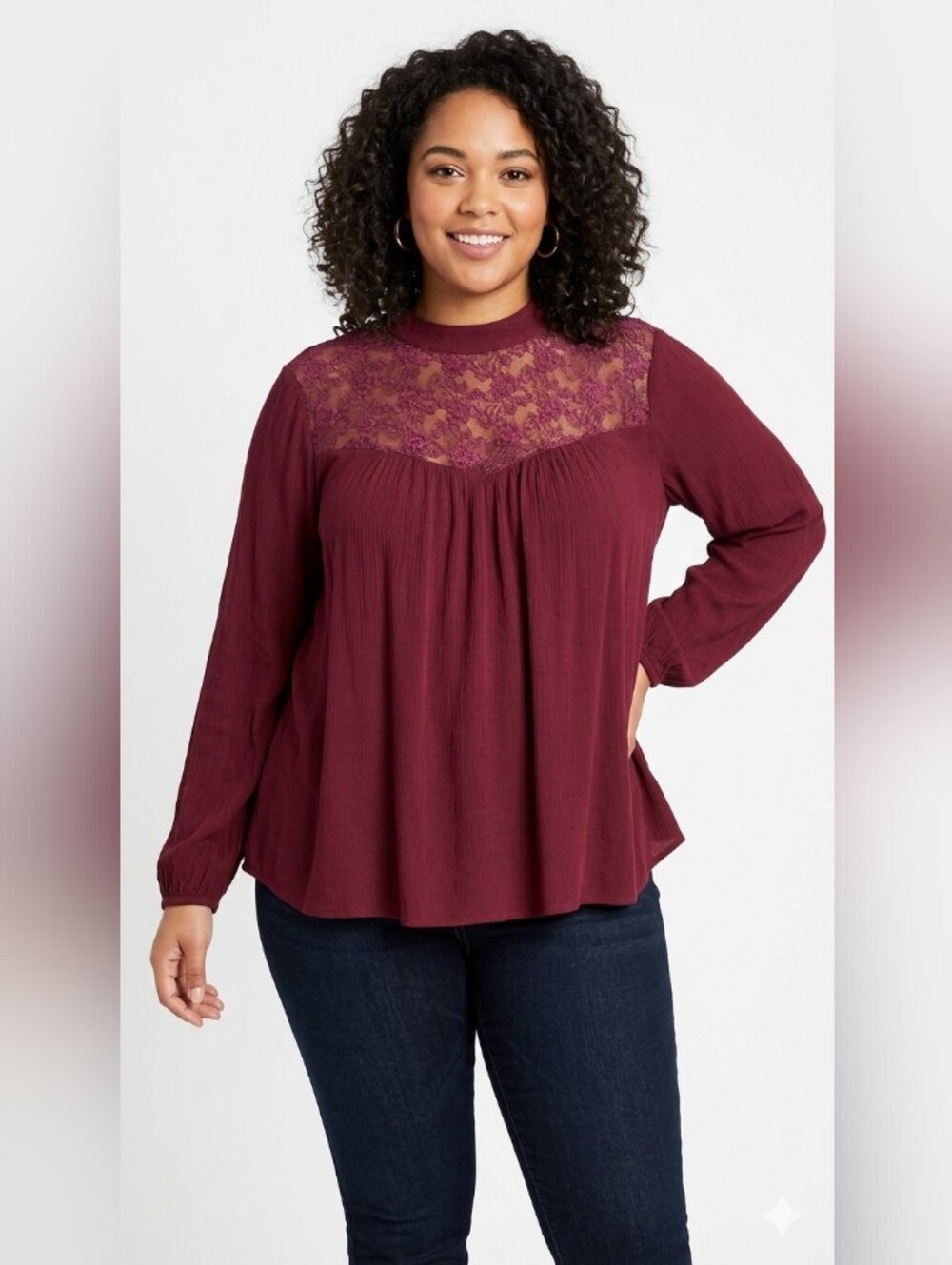 3XL Burgundy Lace Yoke Long-Sleeve Top